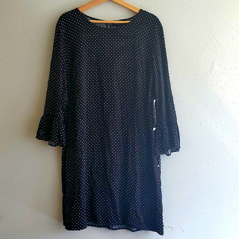 Perceptions Black White Dotted Bell Sleeve Dress Size M